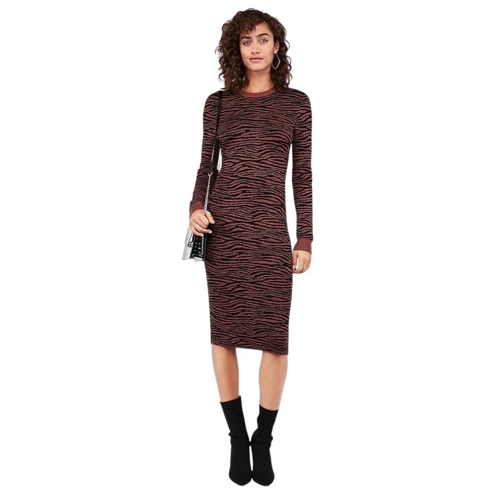 Express x Negin Mirsalehi Zebra Print Fitted Sweater Dress, Midi Length Size S‎